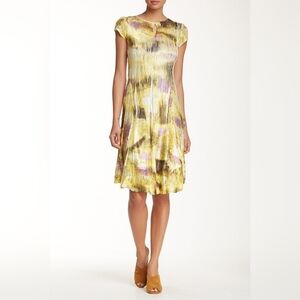 Komarov Women's Illusion Neck Lace Short Cap Sleeve Crinkle A-Line Dress Size XL